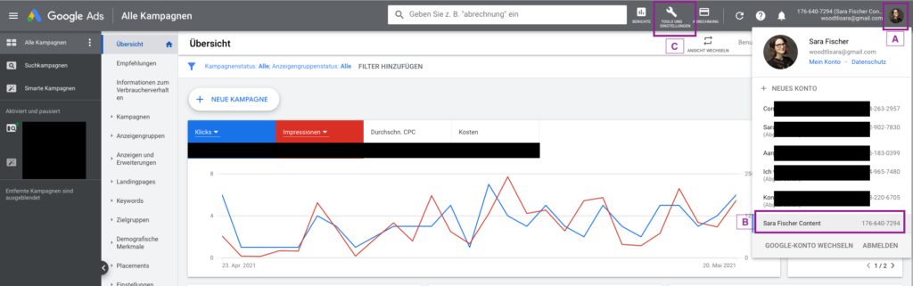 Google Ads Konto auswählen